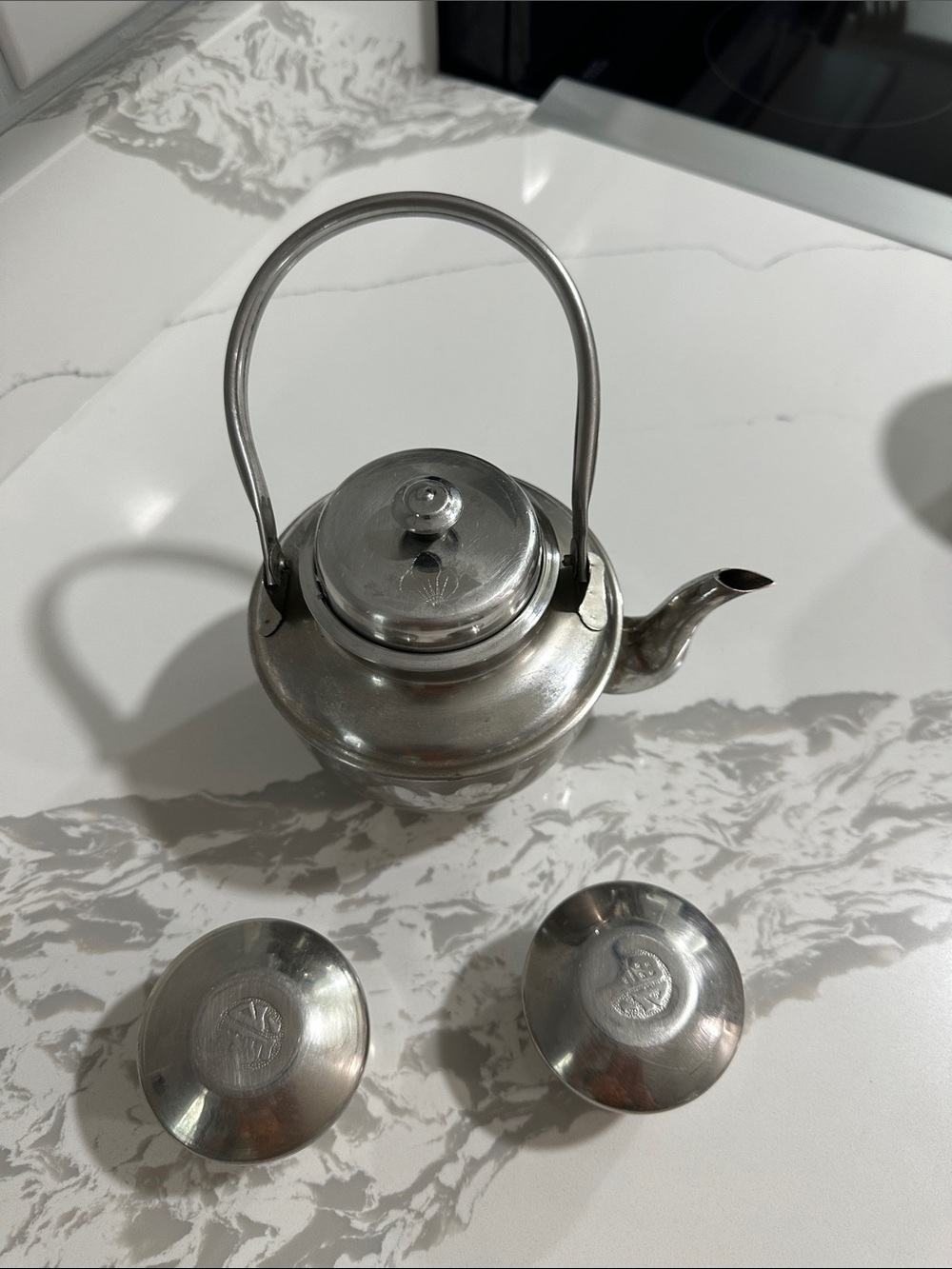 Stainless Steel Teapot with Two Matching Cups - Silver